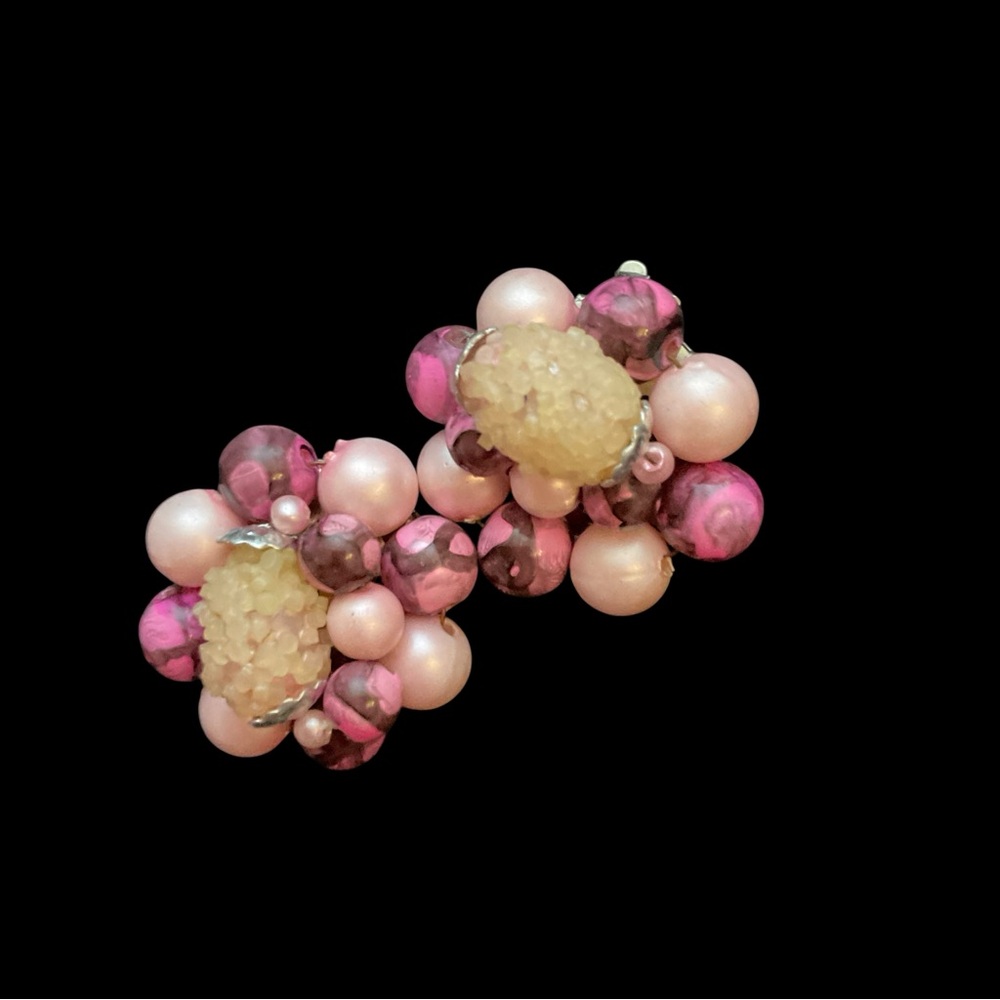 Vintage Hong Kong Signed Cotton Candy Bead Clip-On Earrings